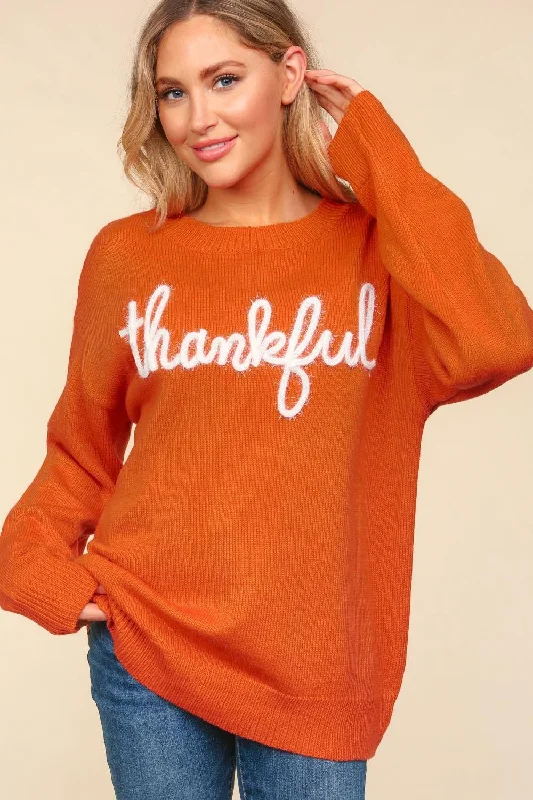 Sweaters senior comfort-Metallic Glitter Embroidery Women's Thankful Sweater