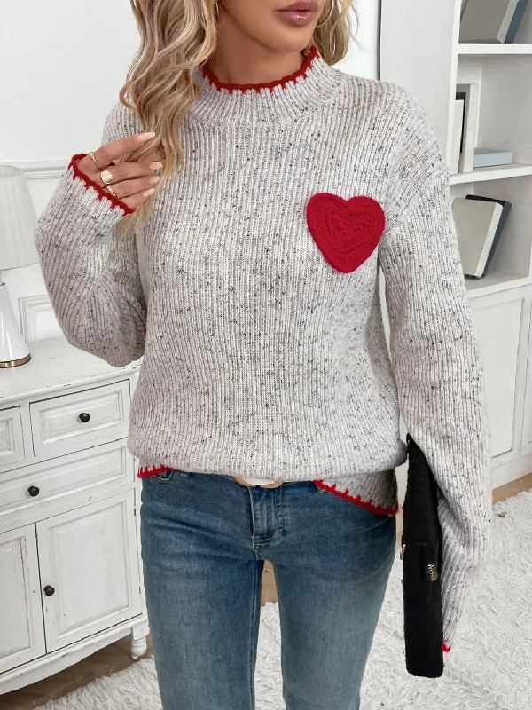 Sweaters 5-star review-Perfee Contrast Heart Round Neck Long Sleeve Sweater