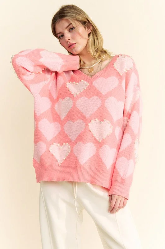 Sweaters versatile wear-Davi & Dani Heart Pearl Side Slit V Neck Sweater