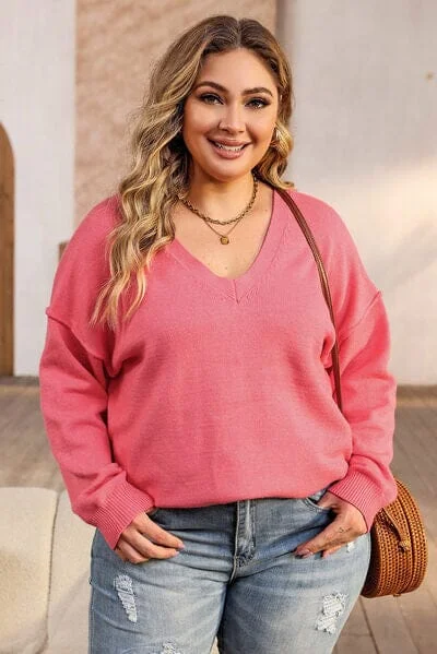 Sweaters evening coziness-Plus Size V-Neck Dropped Shoulder Sweater