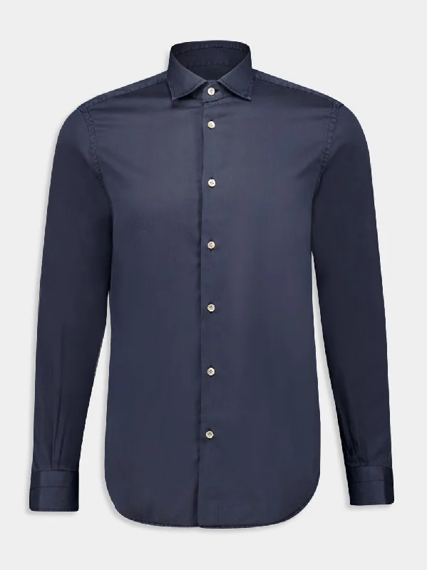 Women's clothing group-Navy Blue Lyocell Button-Up Shirt