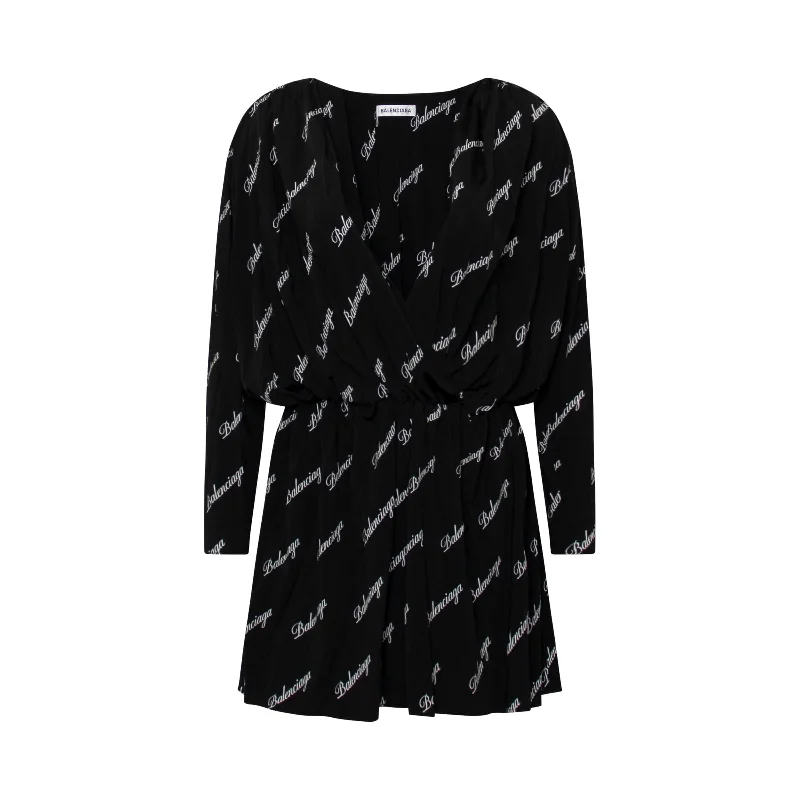 Glam sequin dresses-Allover Logo Mini Dress in Black