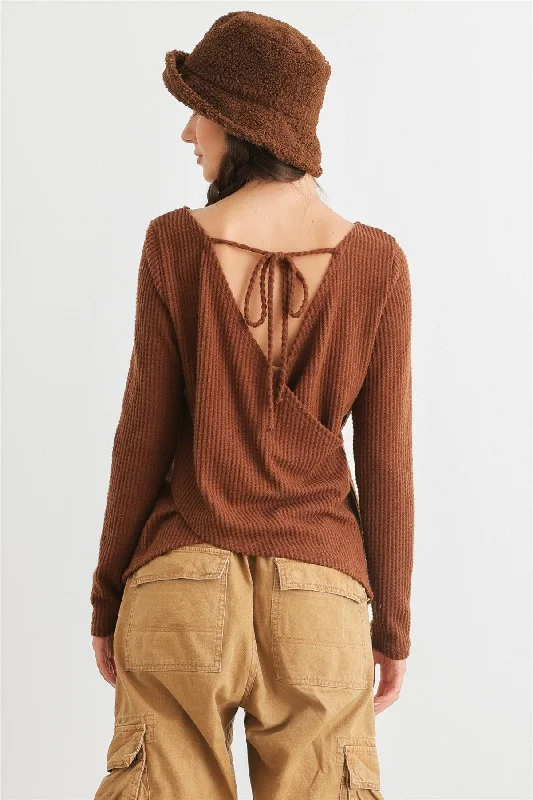 Radiant Tops-Brown Waffle Knit Long Sleeve Wrap & Tie Back Top /2-2-2