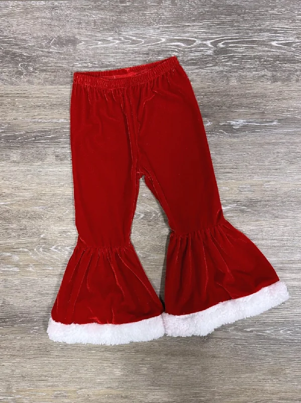 Bottoms with textured-Red Velvet and Fleece Girls Santa Claus Bell Bottom Pants