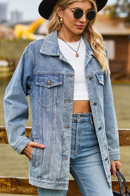 Jackets tang vibe-Buttoned Collared Neck Denim Jacket with Pockets