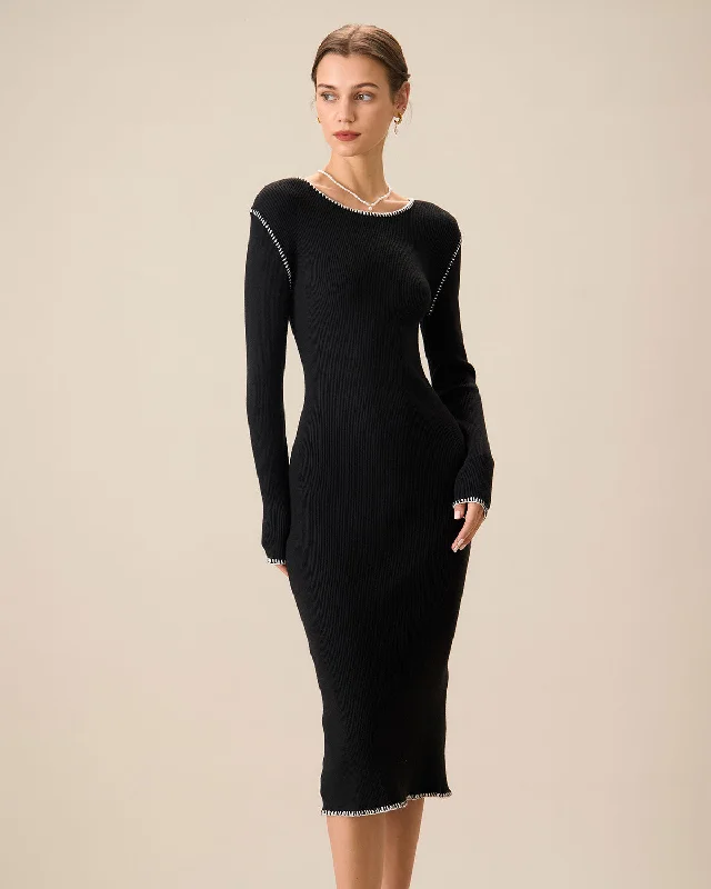 Sweaters pre-owned-Women's Black Contrasting Ribbed Sweater Midi Dress