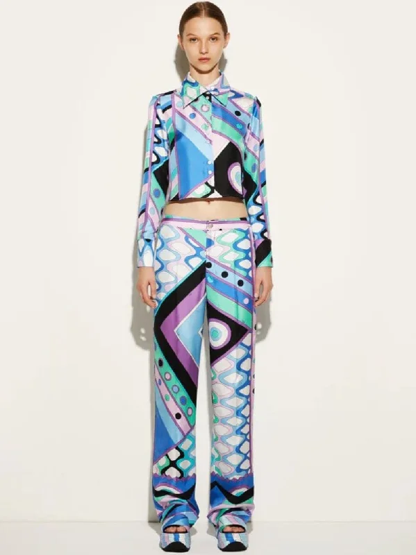 Women's clothing color block-Vivara-Print Silk-Twill Blue Trousers