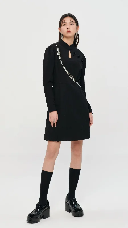 Warm velvet dresses-Puff Sleeve Mandarin Dress