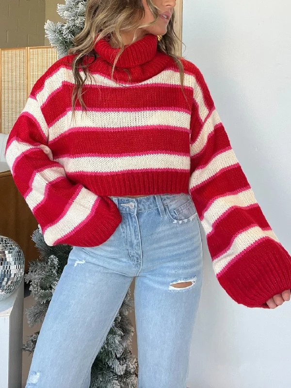 Sweaters editor pick-Striped Turtleneck Long Sleeve Cropped Sweater