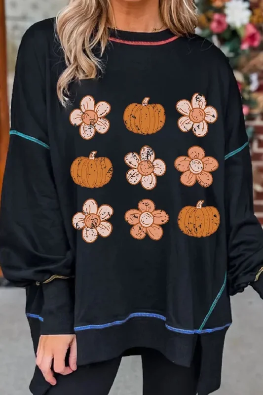 Vacation hoodies & sweatshirts-Pumpkin & Flower Graphic Long Sleeve Sweatshirt