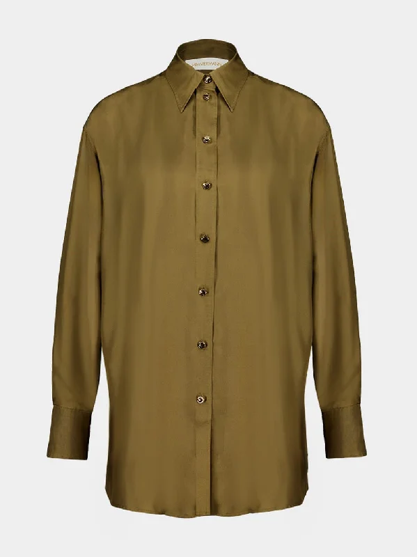 Women's clothing grunge look-Olive Green Silk Button-Up Shirt