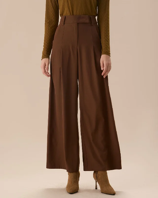 Bottoms with pleat details-Brown High Waisted Pockets Straight Pants