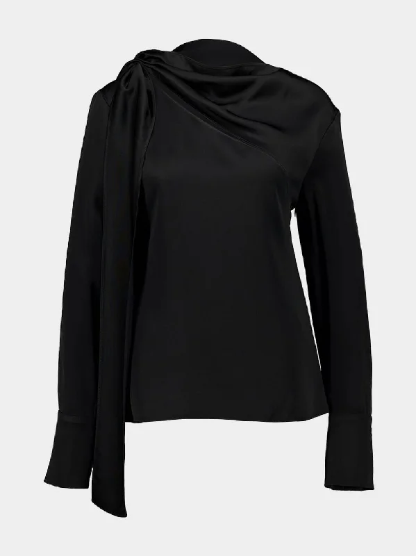 Women's clothing green living-Black Draped Bow Blouse