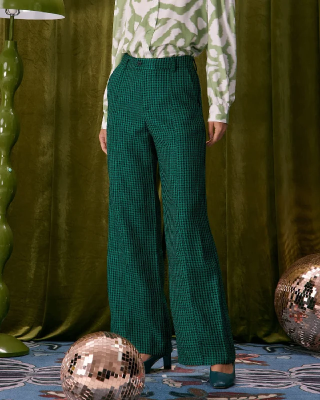 Bottoms with adjustable waist-The Green Houndstooth Wide Leg Pants