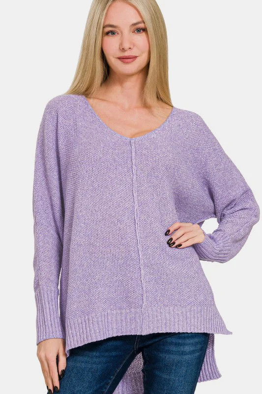 Sweaters slim charm-Zenana High-Low Center Seam V-Neck Sweater