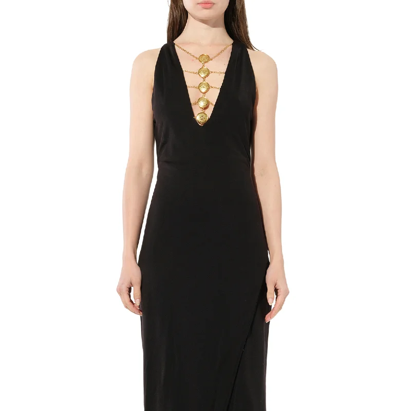 Black velvet dresses-Sleeveless Coin Long Dress in Black