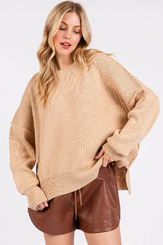 Sweaters travel light-Mittoshop Side Slit Round Neck Drop Shoulder Sweater