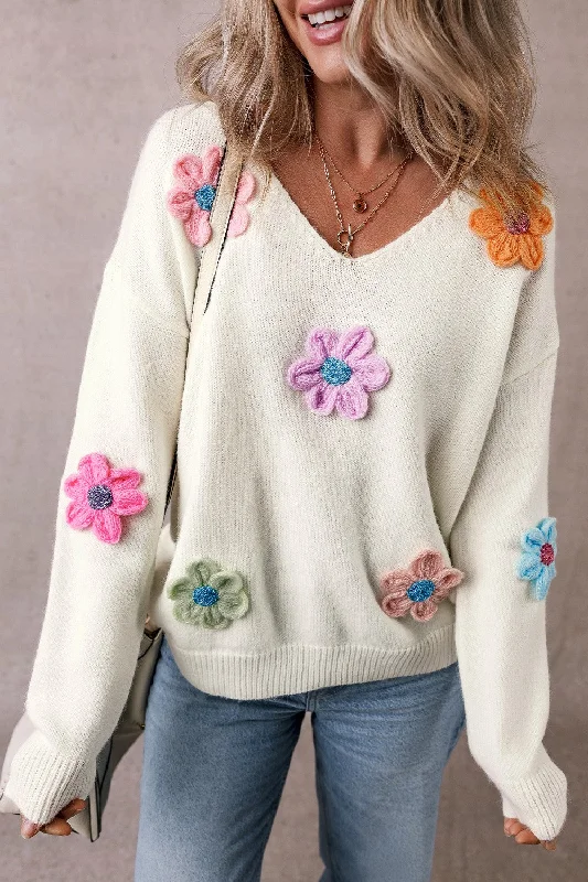 Sweaters open front-Crochet Flower V-Neck Long Sleeve Sweater