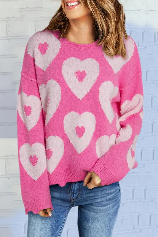 Sweaters vintage glow-Pearl Detail Heart Round Neck Long Sleeve Sweater