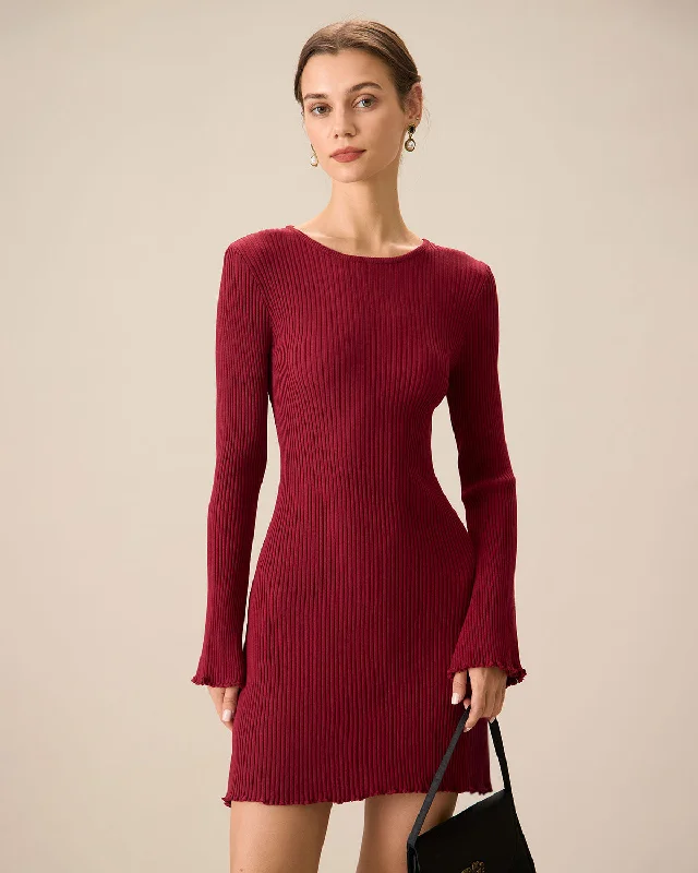 Sweaters quality craft-Women's Red Bell Sleeve Bodycon Sweater Dress