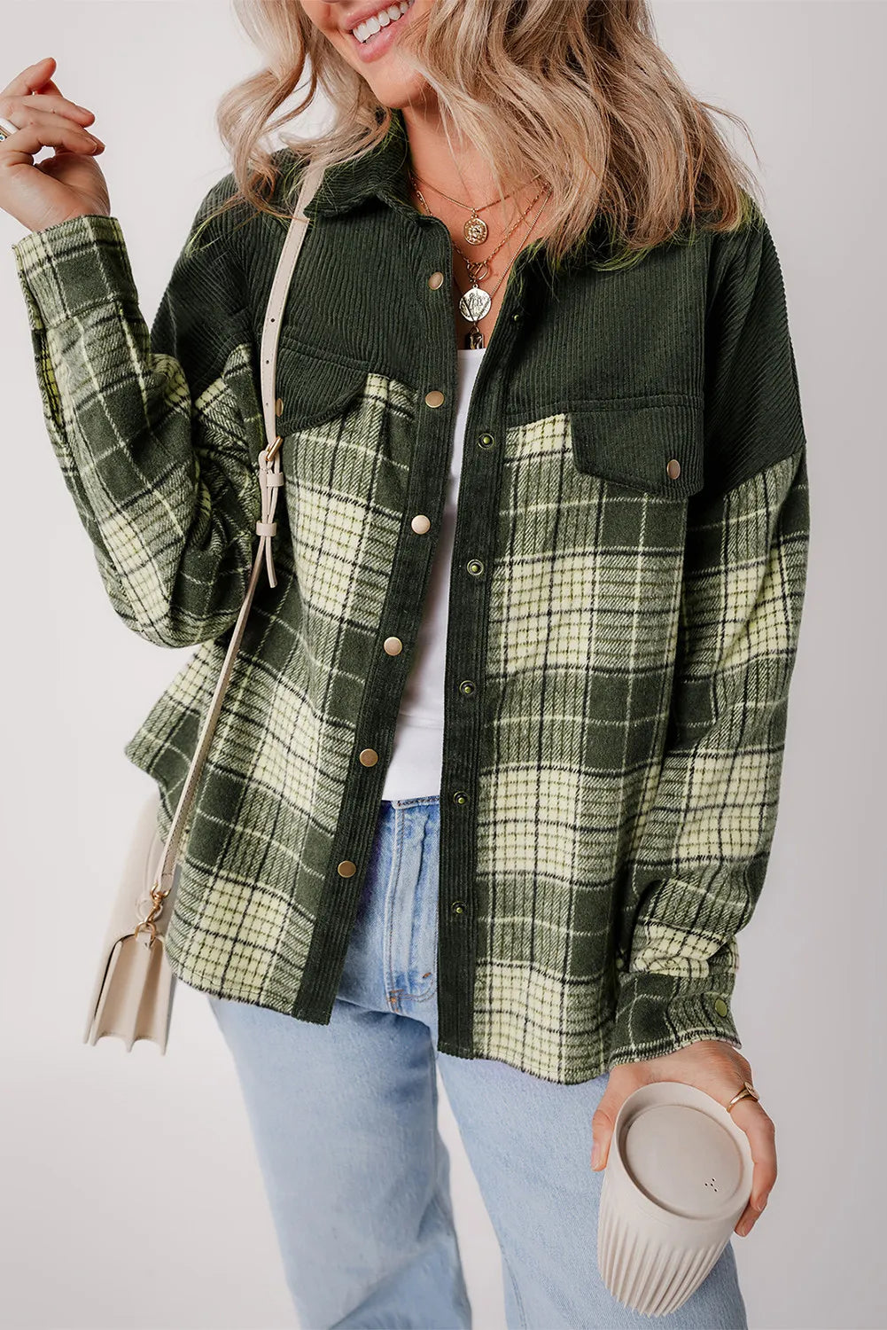 Jackets luster layer-Plaid Button Up Long Sleeve Jacket