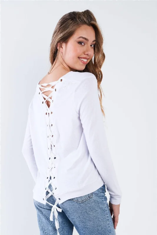 Space Tops-White Long Sleeve Scoop Neck Lace Up Back Top