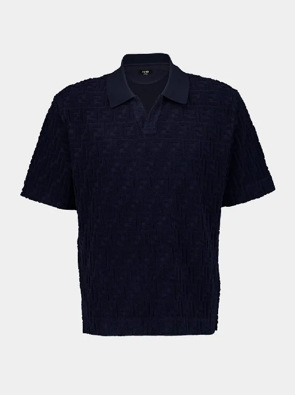 Women's clothing plus-size-Dark Blue Terry Fabric Polo Shirt