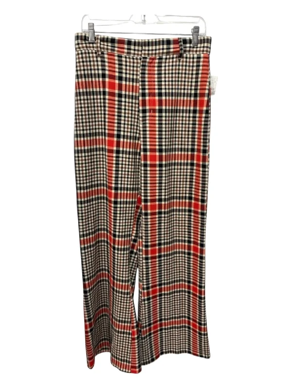 Bottoms with velcro shoes-Free People Size 10 Cream, Orange & Black Print Poly Blend Plaid High Rise Pants