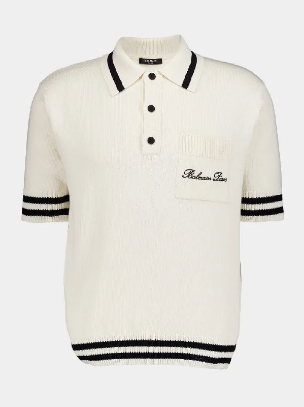 Women's clothing trendy tops-Balmain White Signature Embroidered Logo Polo Shirt