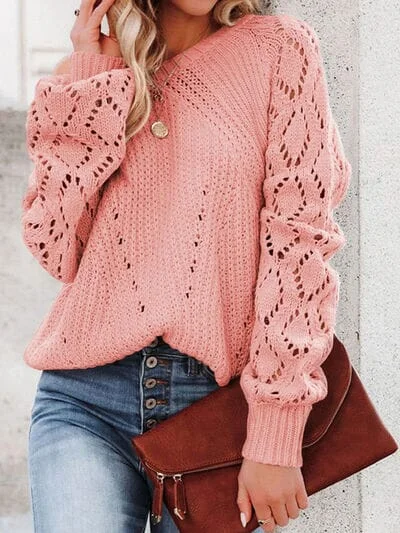 Sweaters daily warmth-Openwork Round Neck Lantern Sleeve Sweater