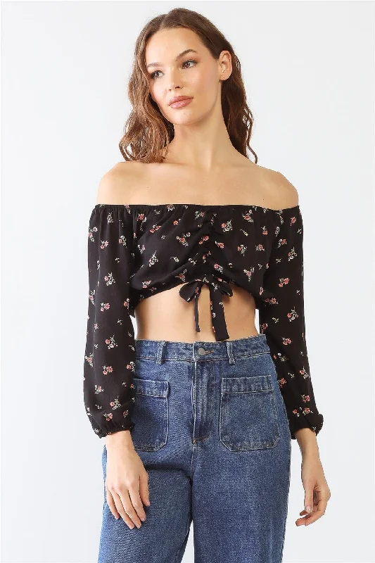 Glow Tops-Floral Print Off-The-Shoulder Ruched Crop Top