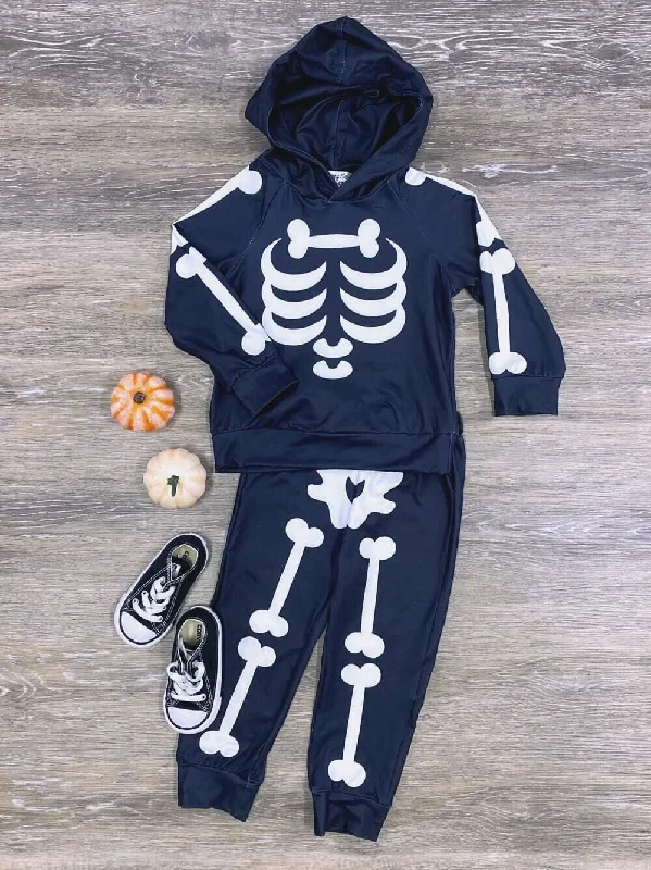 Mountain hoodies & sweatshirts-Spooky Skeleton Black Hoodie & Jogger Halloween Costume Set