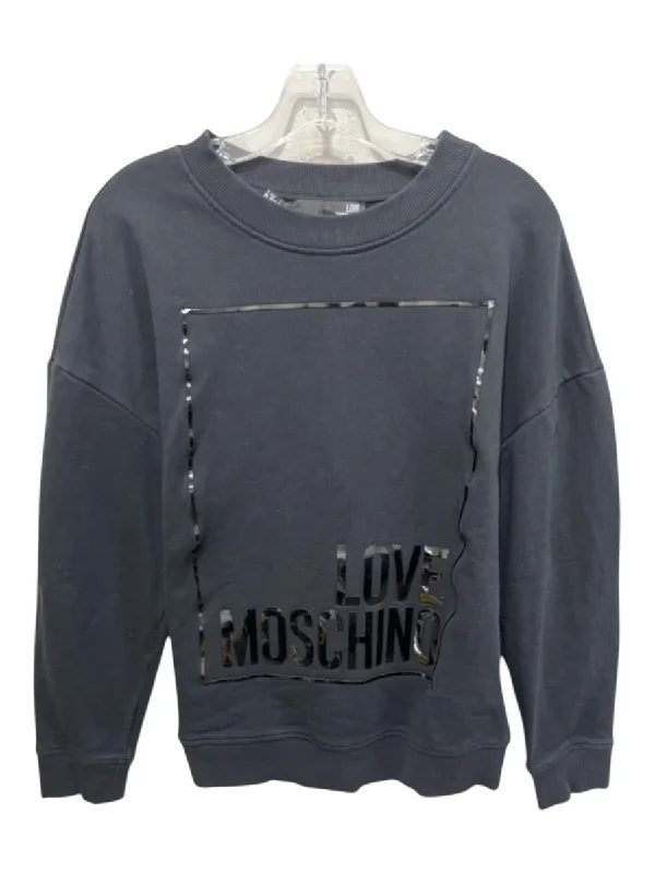 Transitional hoodies & sweatshirts-Love Moschino Size 8 Black Cotton Crewneck Reflective Detail Logo Sweatshirt