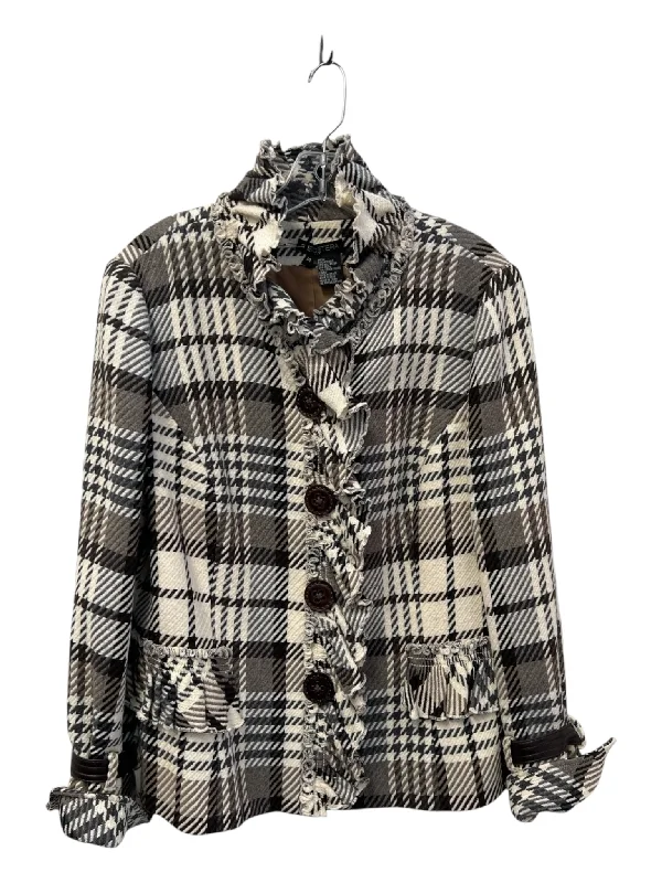 Jackets drizzle proof-Etcetera Size 14 Cream, brown & gray Acrylic Blend Plaid Ruffle Detail Jacket