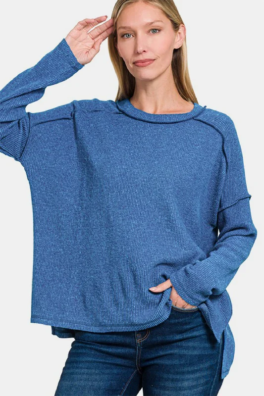 Sweaters innovative edge-Zenana Full Size Exposed Seam Brushed Round Neck Sweater