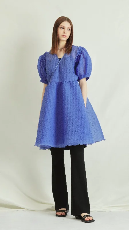 Shift denim dresses-See Through Puff Sleeves Dress