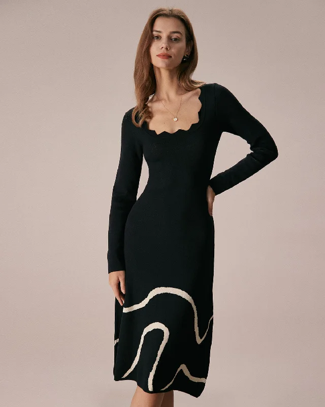 Sweaters factory direct-The Black Wave Scalloped Sweater Midi Dress