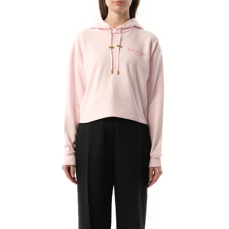 Red-carpet hoodies & sweatshirts-Balmain Flock Detail Cropped Hoodie in Pink