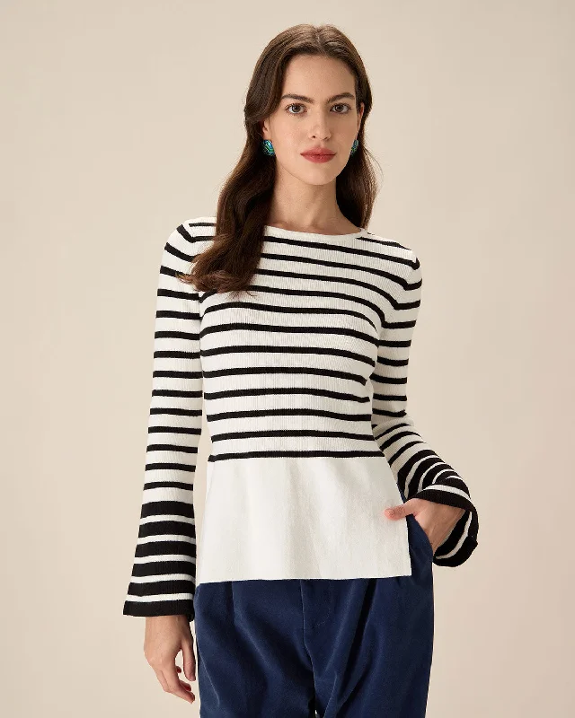 Sweaters soft chic-White Striped Boat Neck Sweater