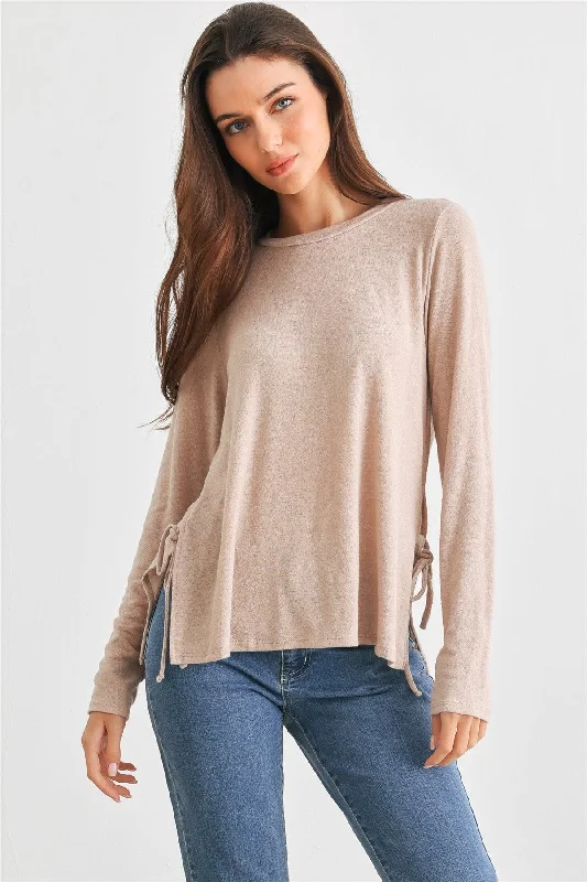 Shine Tops-Taupe Crew Neck Long Sleeve Tie Side Top /2-2-2