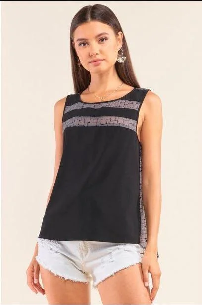 Craft Tops-Black Sleeveless Relaxed Fit Mesh Round Neck Top