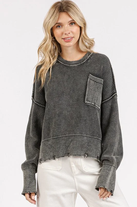 Sweaters dine glow-Mittoshop Distressed Hem Round Neck Dropped Shoulder Sweater