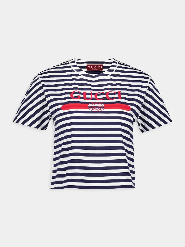 Women's clothing outlet-Print Striped Cotton T-Shirt