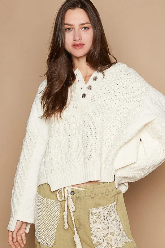 Sweaters startup chic-POL Cable-Knit Quarter Button Hooded Sweater