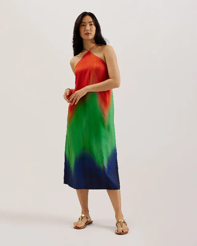 Prom high-low dresses-Yugata Printed Halter Neck Midi Dress Multicol