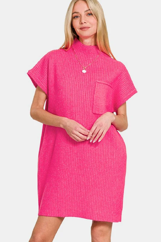 Sweaters long comfort-Zenana Short Sleeve Sweater Mini Dress