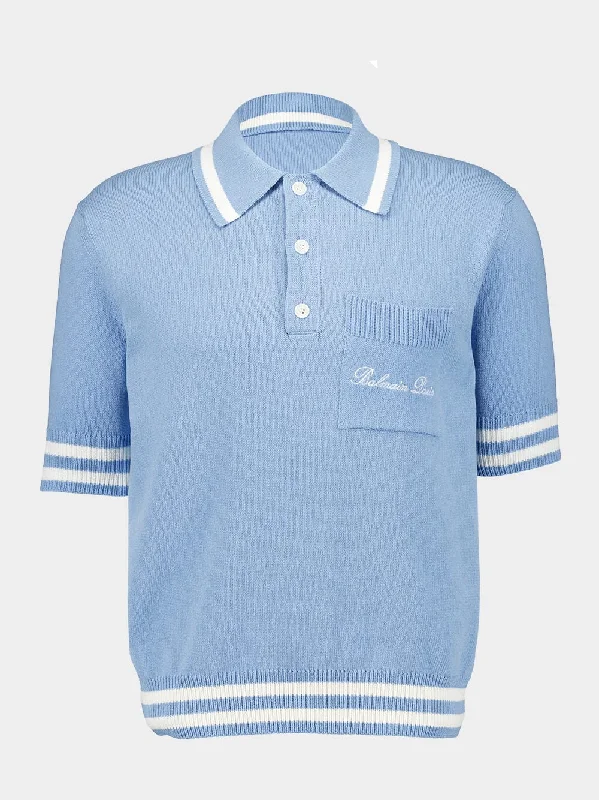 Women's clothing conference-Blue Wool Polo Shirt with Balmain Signature Embroidery