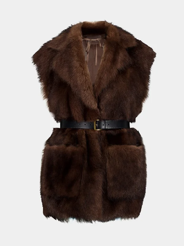 Women's clothing round neck-Chocolate Brown Fur Gilet