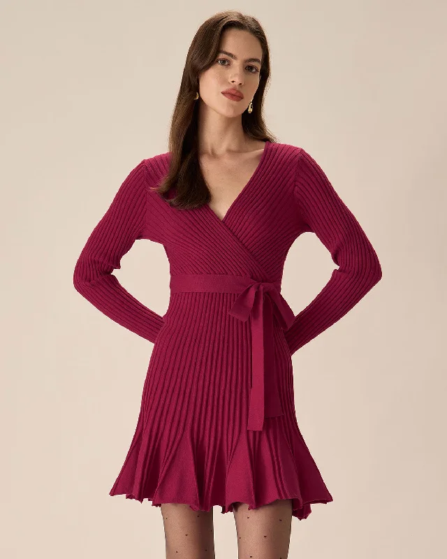 Sweaters fusion style-Wine Red Wrap Sweater Mini Dress