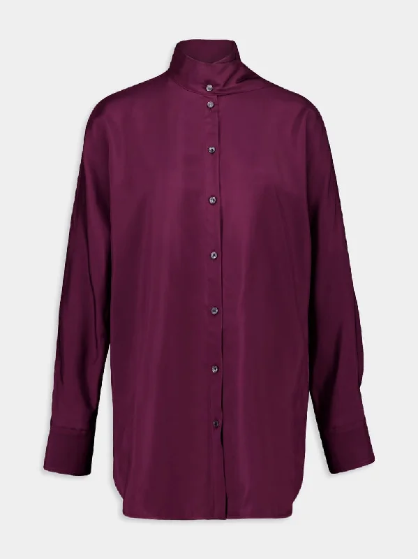 Women's clothing unisex styles-Oxblood Viscose Twill Long-Sleeve Shirt